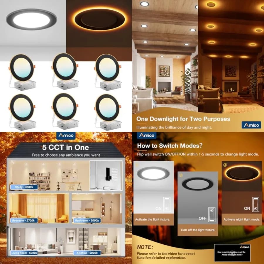 Confezione da 5 Faretti LED da Incasso a Soffitto con Luce Notturna, 2700K/3000K/3500K/4000K/5000K Selezionabili, Illuminazione Ultra-Thin, 12W=110W, 1100L