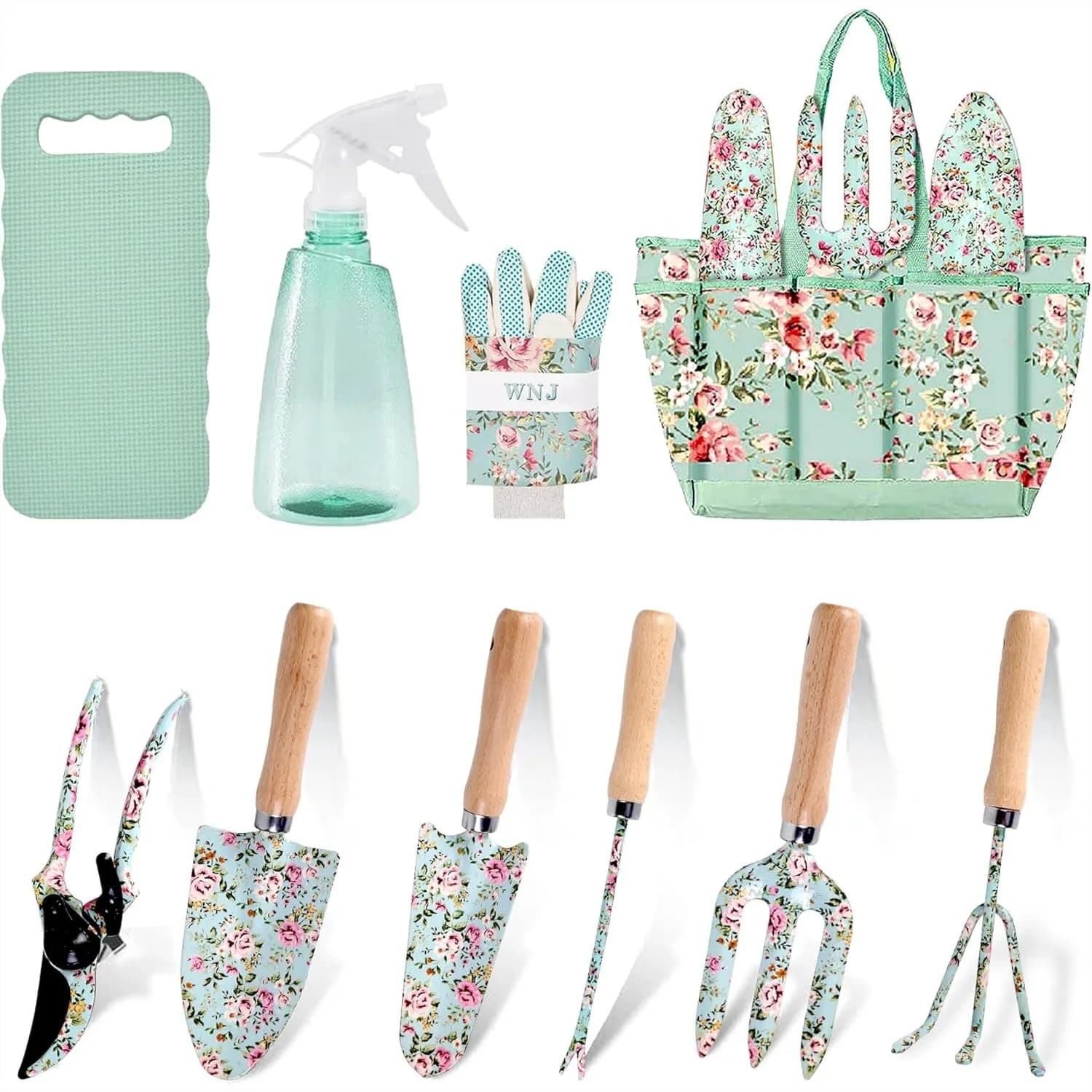 Set di 10 Attrezzi da Giardinaggio con Borsa, Kit Resistente con Cesoie, Paletti, Rastrello, Spruzzatore, Tappetino per Ginocchiare