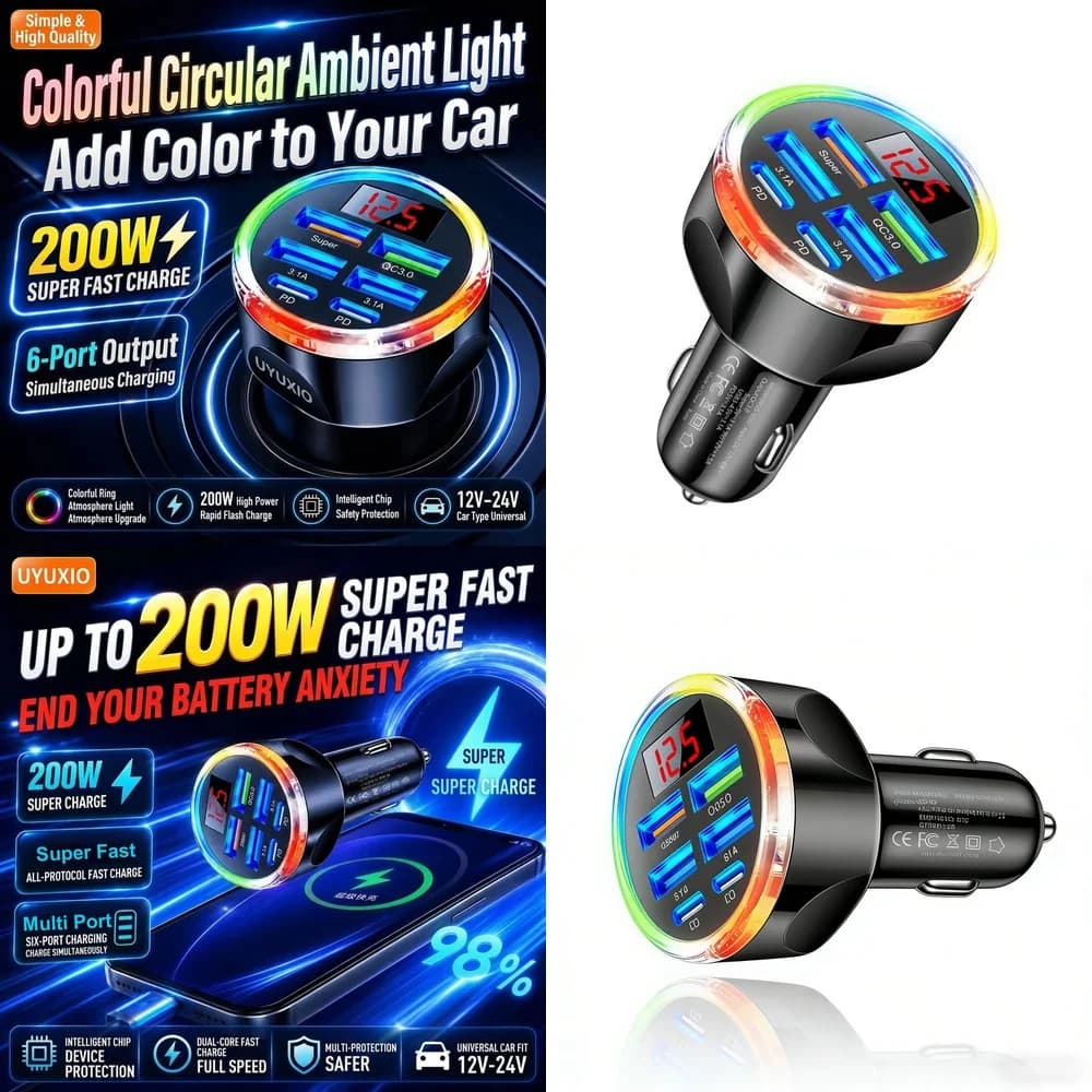 Multi USB Type C Car Charger Plug New Products 2026 for iPhone 18 17 16 Samsung S26 S25 S24 with Fast Charging RGB LED Light Hub