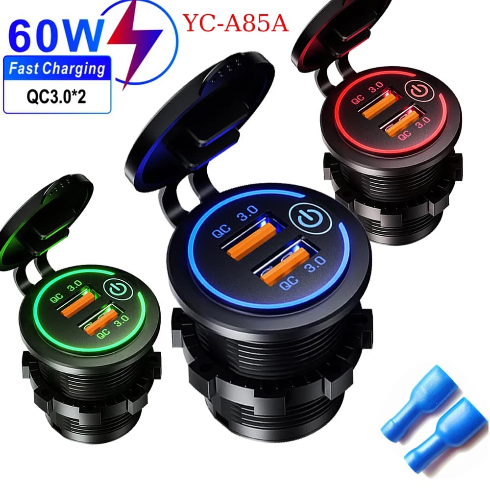 Presa di ricarica rapida USB a 2 porte da 60 W Presa di corrente Caricatore modificato per auto QC3.0 con interruttore tattile per accessori moto auto