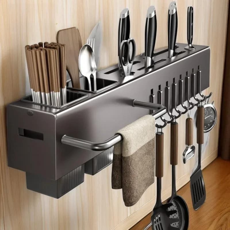 Organizzatore da Cucina Multifunzione in Acciaio al Carbonio, Porta Coltelli e Porta Bacchette da Parete