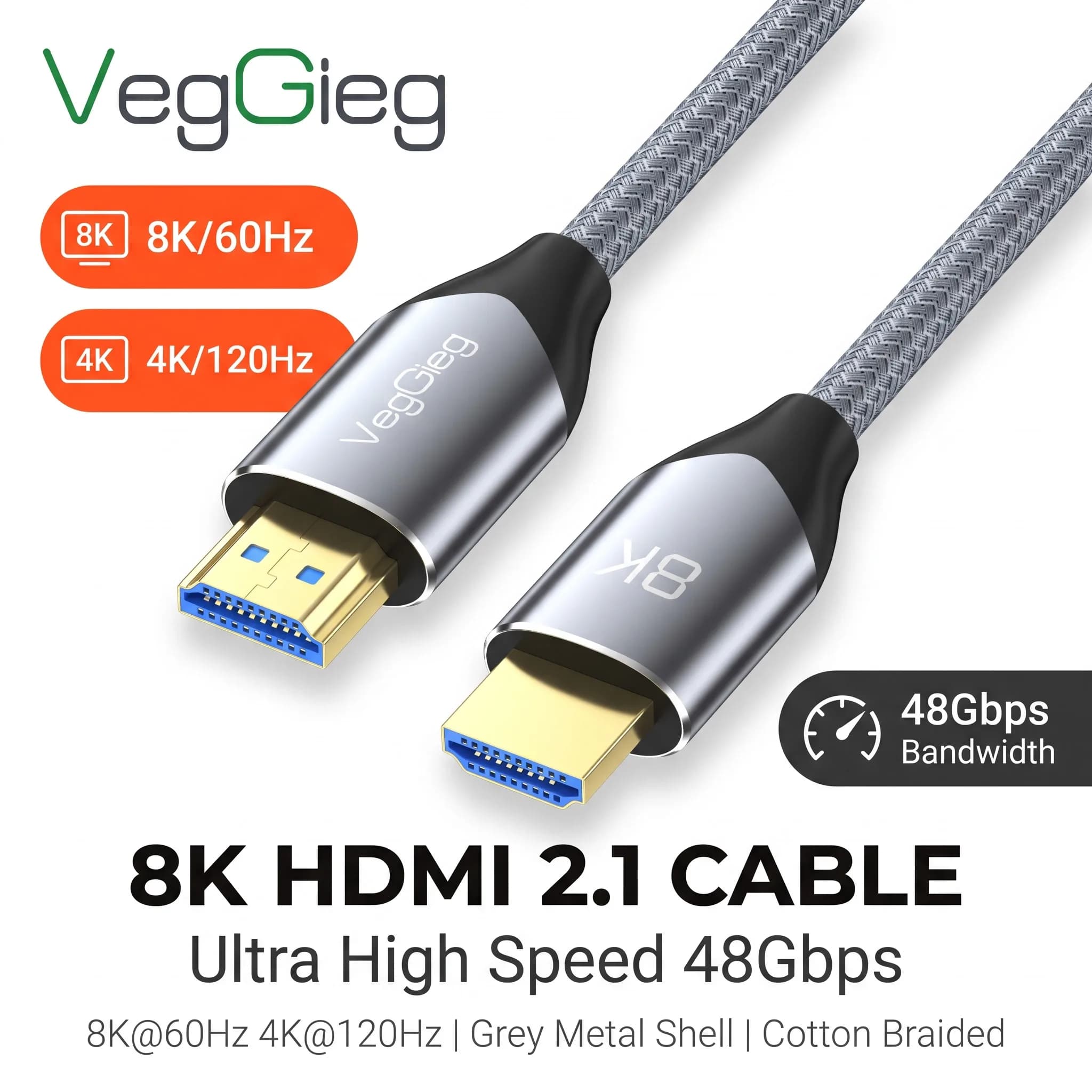 VegGieg 48Gbps HDMI 2.1 Cable Braided Male to Male 8K@60Hz 4K@120Hz HDR for PS5 Xbox - High-Speed Digital Video And Audio Transm