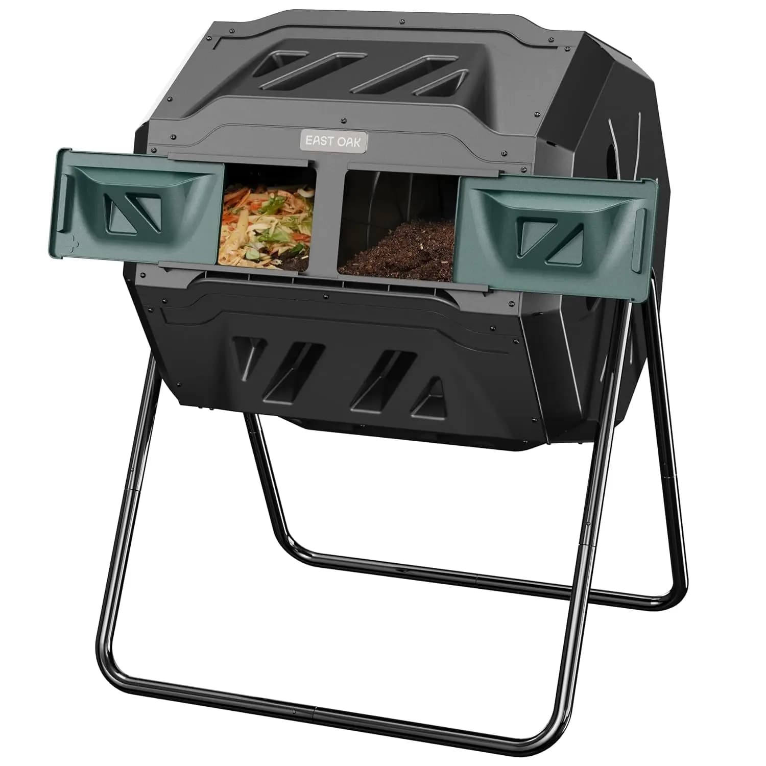 Compost Tumbler Outdoor, 43-Gal Dual Chamber Compost Bin with 2 Sliding Door and Aeration System, Tumbling Rotating Composter