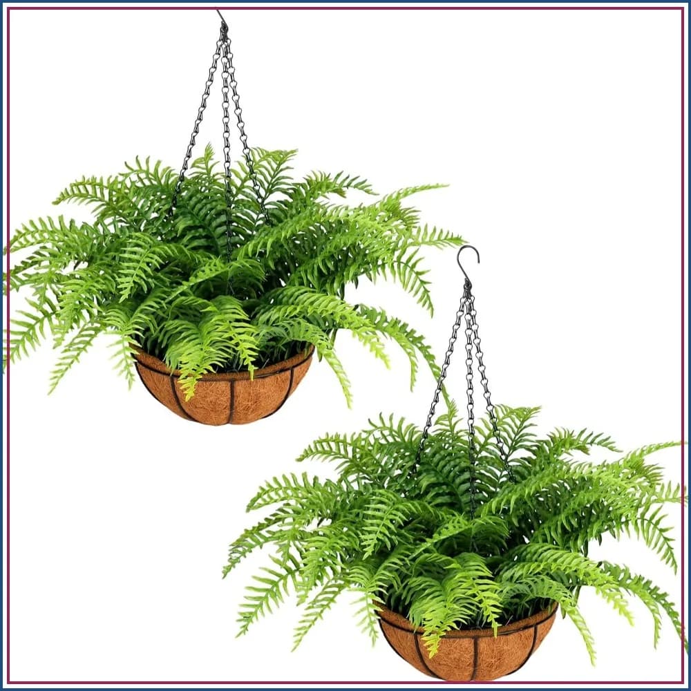 2 Pack UV Resistant Artificial Hanging Ferns, Realistic Outdoor Plants for Porch, Balcony, Garden Decor, No Assembly Needed