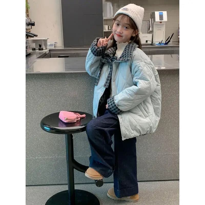 Indossare una giacca di cotone su entrambi i lati Set di cappotti casual Kawaii Griglia di diamanti per ragazze per bambini Filo trapuntato Abbigliamento invernale Moda