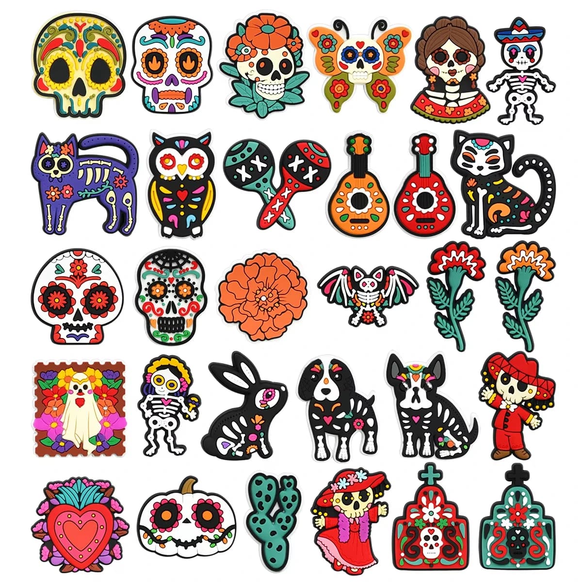 100PCS Mexico Day of the Dead PVC Shoe Charms Skull Rubber Patches DIY Slipper Wristband Phone Case Hair Keychain Party Decor