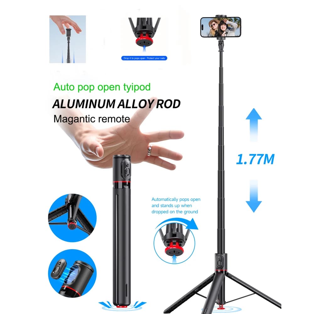 Treppiede con apertura pop automatica per selfie stick, supporto per smartphone con treppiedi pop-up remoto Bluetooth all-in-one per riprese di vlog/video