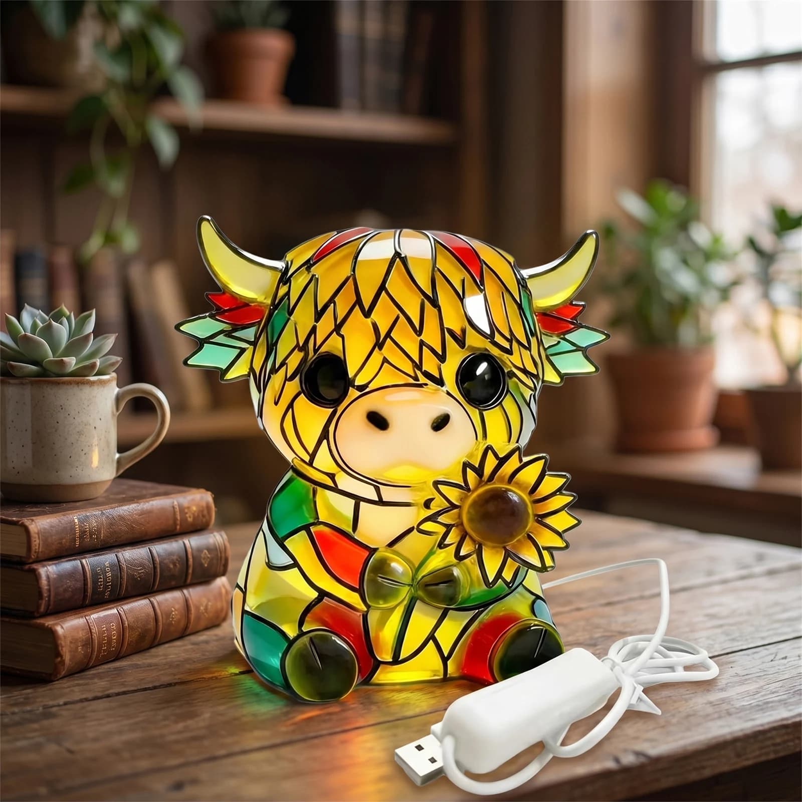 Resin Sunflower Highland Cow LED Night Light W/ USB Ports Animal Night Lamp for Home Office Bedroom Living Room Desk Decor