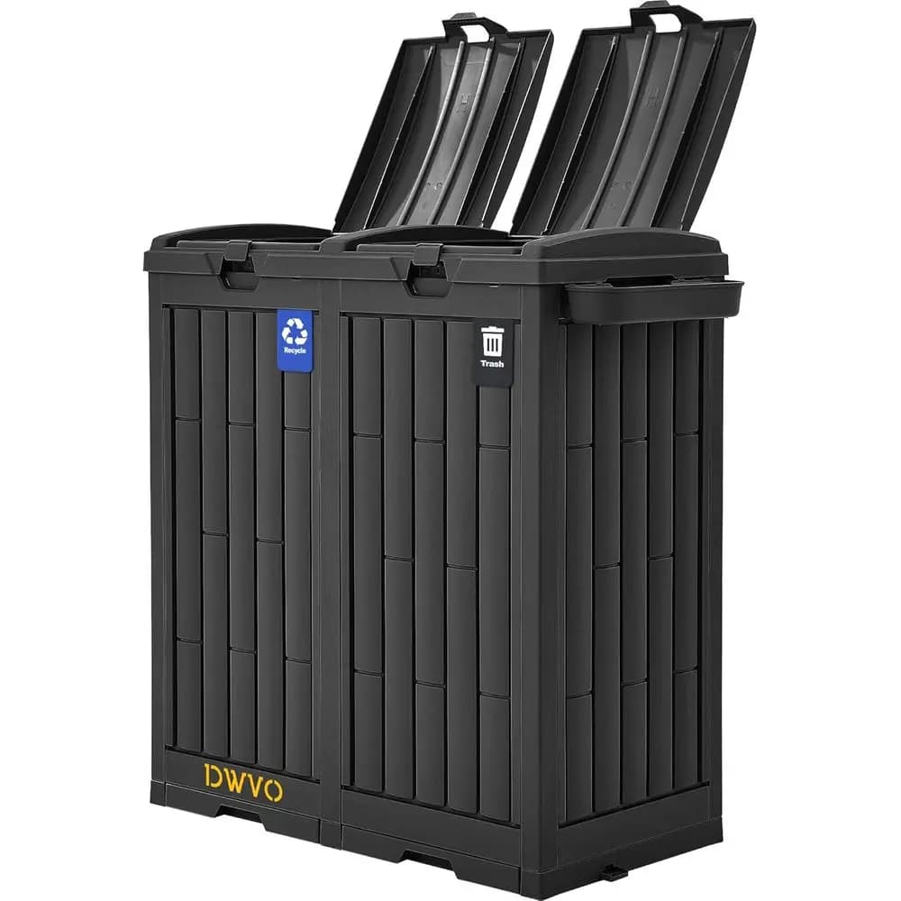 Bidone per Rifiuti da Esterno da 76 Galloni, Contenitore per Spazzatura in Resina a Doppio Scomparto con Coperchio, Include 2 Etichette per la Raccolta Differenziata, Porta Ceneri, Picchetti e Ventosa