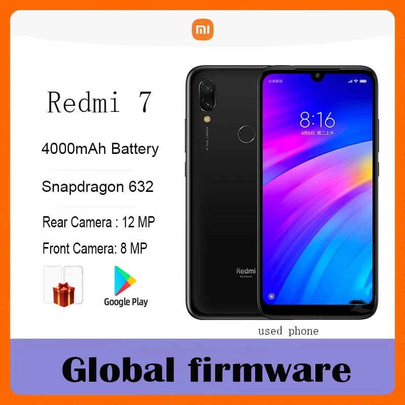 Smartphone Xiaomi Redmi 7 con firmware globale, doppia fotocamera, doppio slot SIM, cellulare Android, usato.