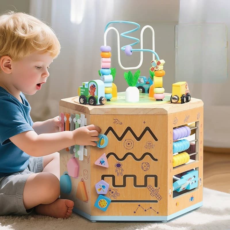 Cubo di attività in legno 14 in 1 Giocattoli educativi Montessori precoci per i più piccoli Giocattoli per bambini Labirinto di perline Regali di compleanno per ragazzi e ragazze