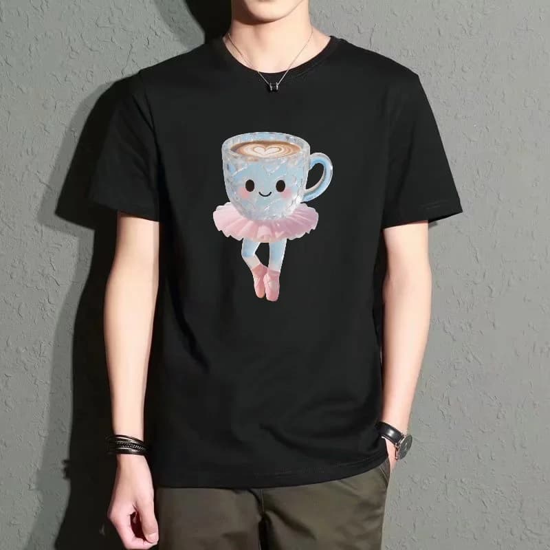 Men's Black Round-Neck Short-Sleeved T-Shirt, Cartoon Coffee Cup Print Top, Casual Everyday Versatile Style, Comfortable, Breathable and Trendy Item, a Must-Have for Summer Outings
