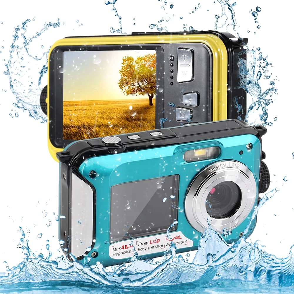 Fotocamera Subacquea con Timer Automatico, Doppio Schermo 16X, Impermeabile, HD 2.7K 48MP, per Snorkeling e Registrazione Video