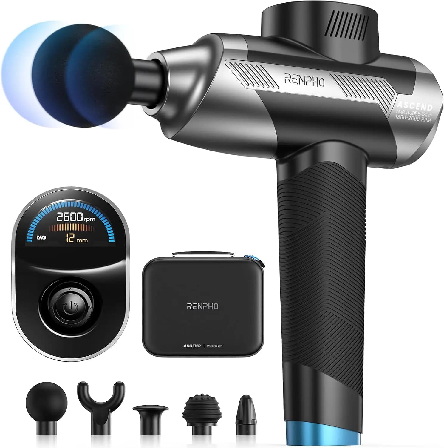 Professional Massage Gun with Adjustable Amplitude 6-12mm, Deep Tissue Percussion, 5 Speeds, 5 Attachments