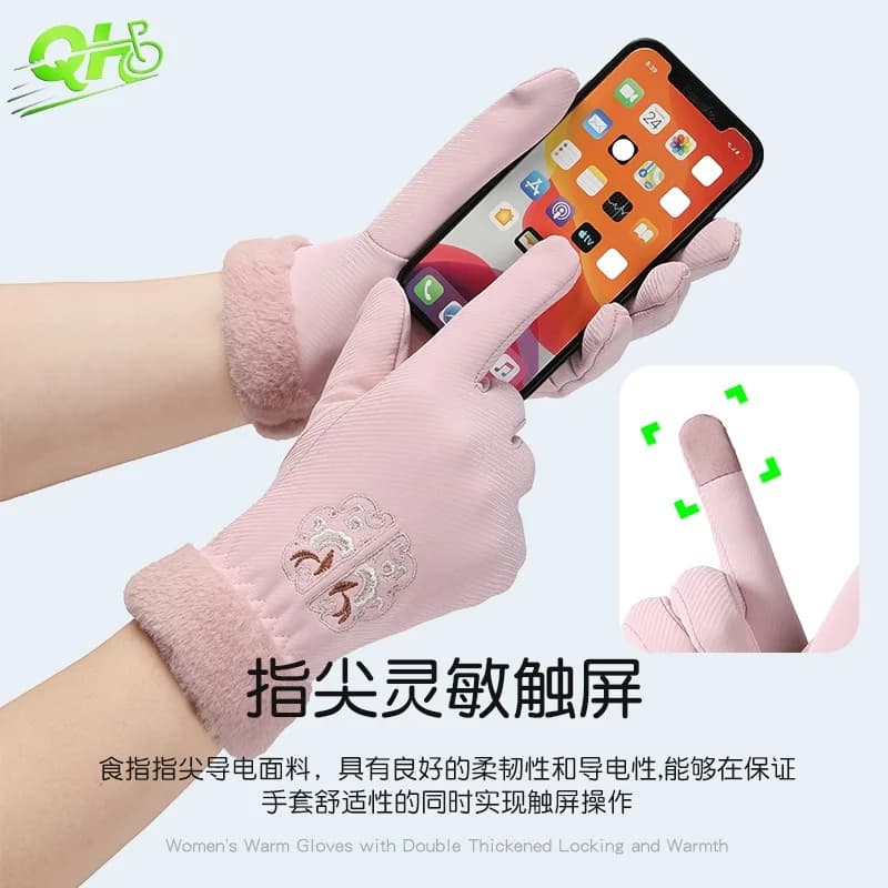 Guanti termici caldi invernali da donna bici elettrica ciclismo guida touchscreen guanti da sci in velluto moda ricamo stile cinese
