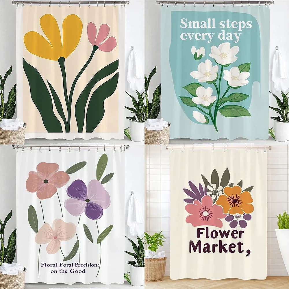 Nordic Minimalist Art Flowers Printing Shower Curtain Bathroom Decoration Curtain,Hanging Curtain With Hooks Machine Washable