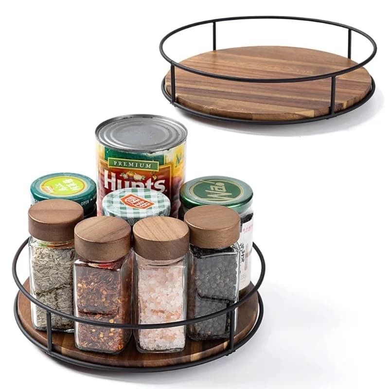 Rotating Round Wooden Storage Rack Desktop Organizer Kitchen Spice Storage Tray