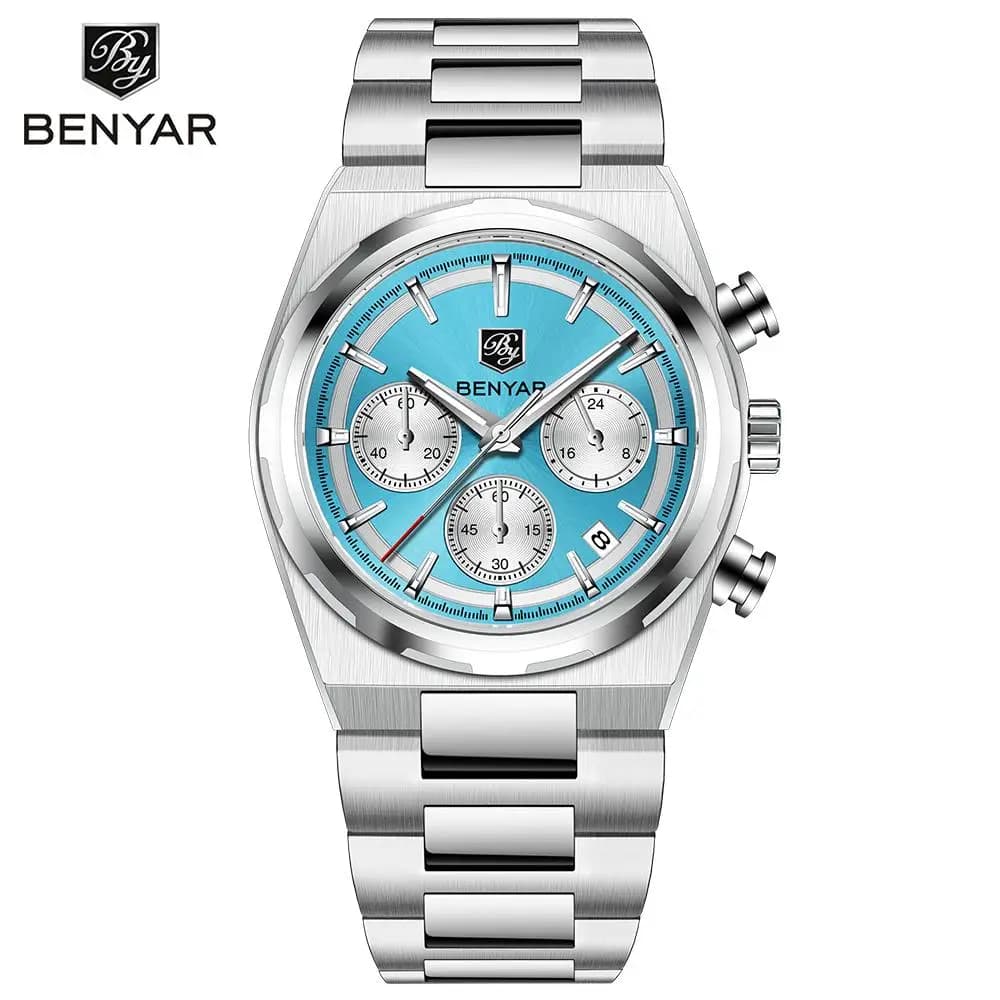 Benyar 40MM Orologio al quarzo multifunzione Vetro rinforzato minerale Cinturino impermeabile in acciaio inossidabile Orologio da uomo con cronometraggio