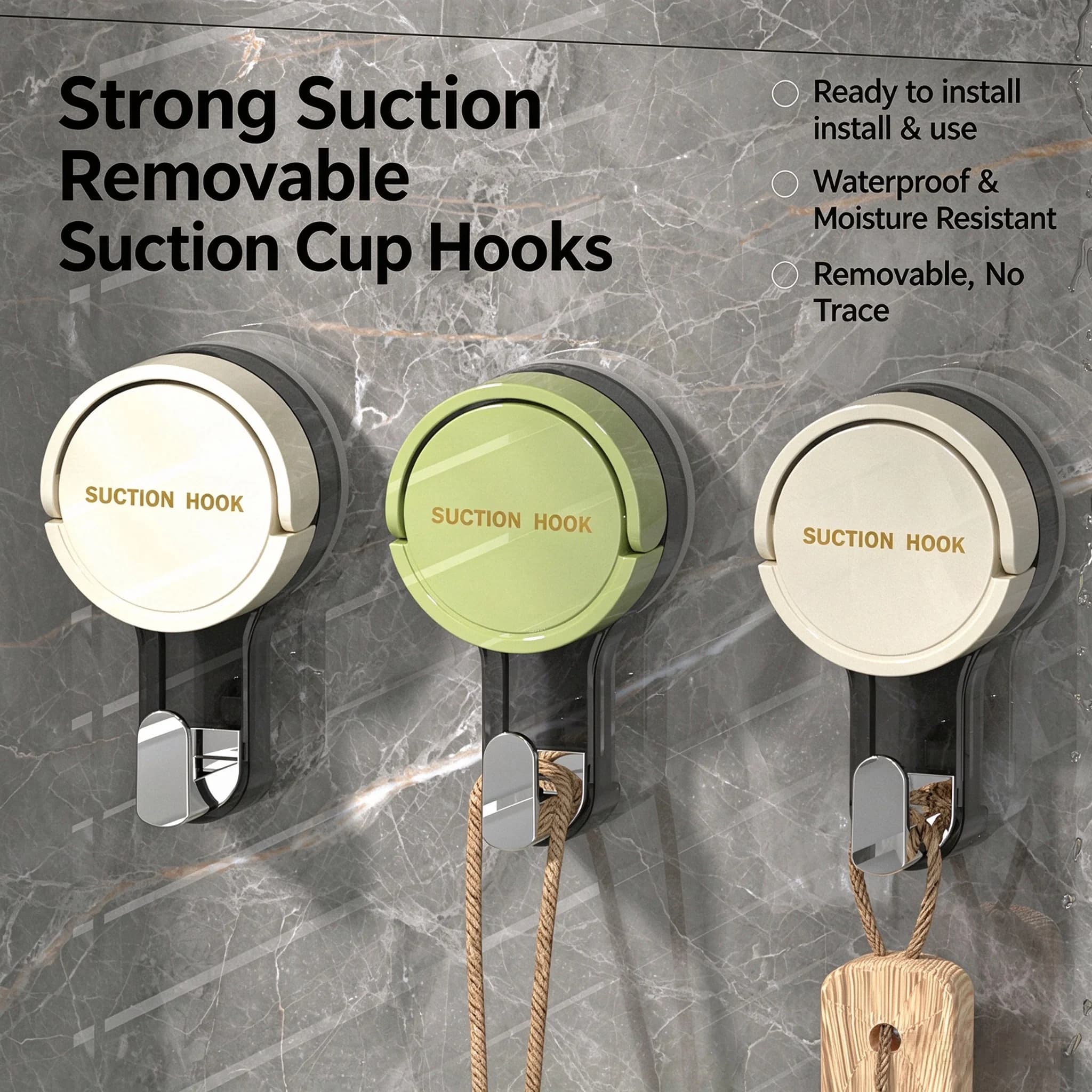 Strong Suction Cup Hooks, No Drill No Trace Removable Hooks, Waterproof Heavy Duty Hangers for Bathroom, Kitchen, Toilet and Doo