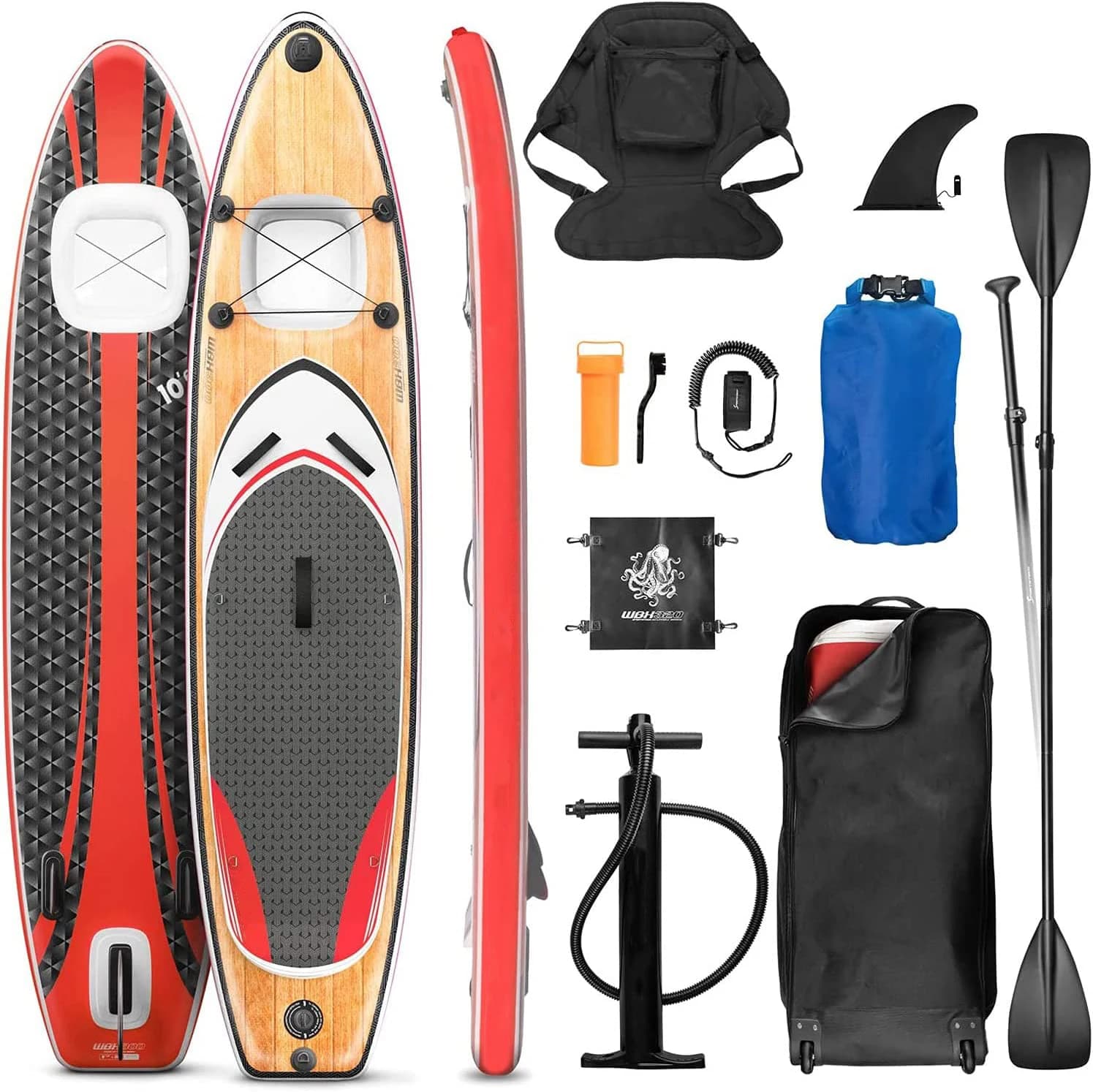 Tavola da surf SUP per visualizzazione subacquea in legno a doppio strato da 11 piedi con borsa per ruota per sedile per kayak con azione a camma