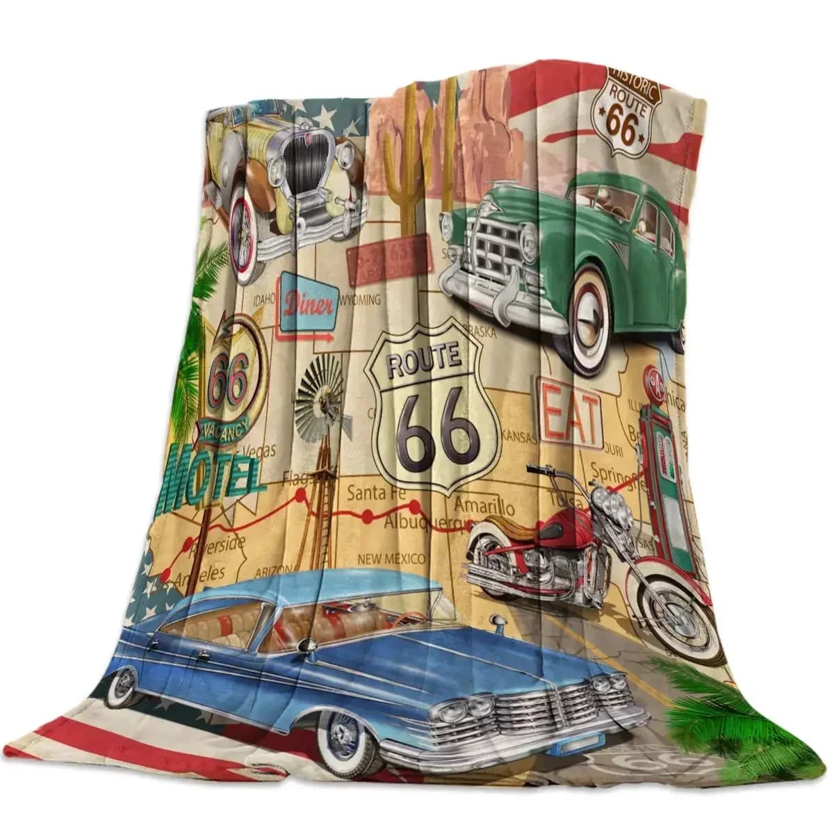 Morbida Coperta in Flanella con Motivo Retro Auto e Motel Route 66, Coperta Calda e Accogliente per Tutte le Stagioni, Ideale per Soggiorno/Camera da Letto
