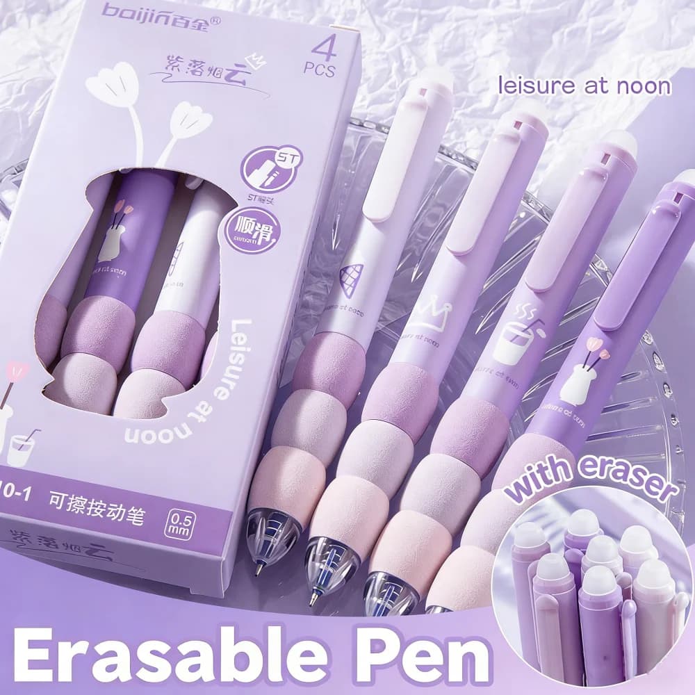 Set di 4 Penne Gel Cancellabili con Impugnatura Morbida a Forma di Nuvola, Punta ST, Asciugatura Rapida, Retrattili, Inchiostro Nero 0.5mm, per Studenti e Ufficio
