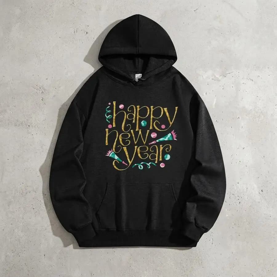 Happy New Year Golden Glitter Text Teal Squiggly Lines Pink Circles Party Hat Graphic Print Women's Black Hoodie Regular Fit With Front Pockets Party Casual Top