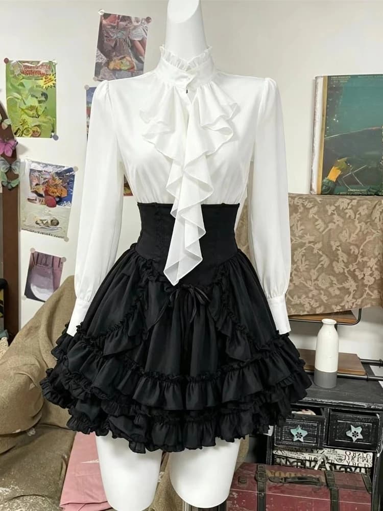 Retro Two Piece Sets Female Soft Blouse Mini Skirt Matching Outfits Sweet Casual Daily Shopping Party Spring Summer Wear