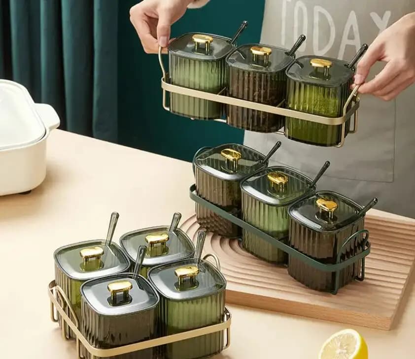 Set di barattoli per condimenti in plastica verde, scatola da 3/4 pezzi, moderna, leggera, di lusso, per la cucina di casa, sale, zucchero, pepe, spezie