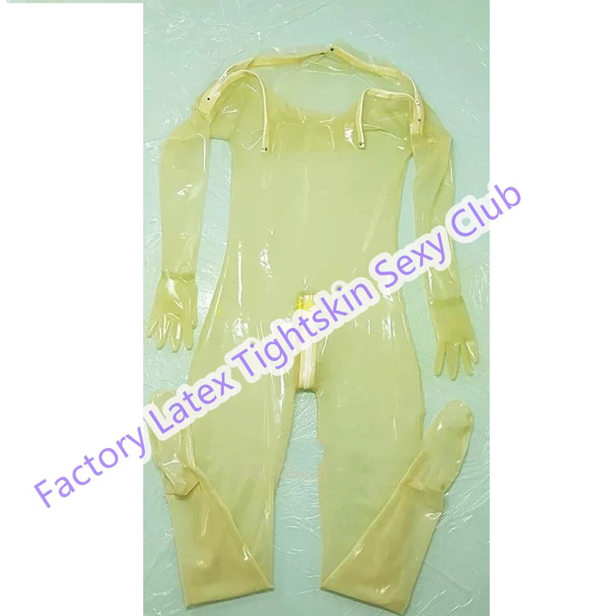 Catsuit in lattice trasparente da uomo con guanti a dita intere e cerniera sulle spalle, 0,4 mm, sexy, fetish, in gomma