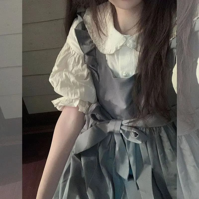 Lolita Camisole Dress Women Summer Korean Camisole Skirt Doll Collar Short Sleeve Ruffles Shirt Loose Comfortable Two Piece Set