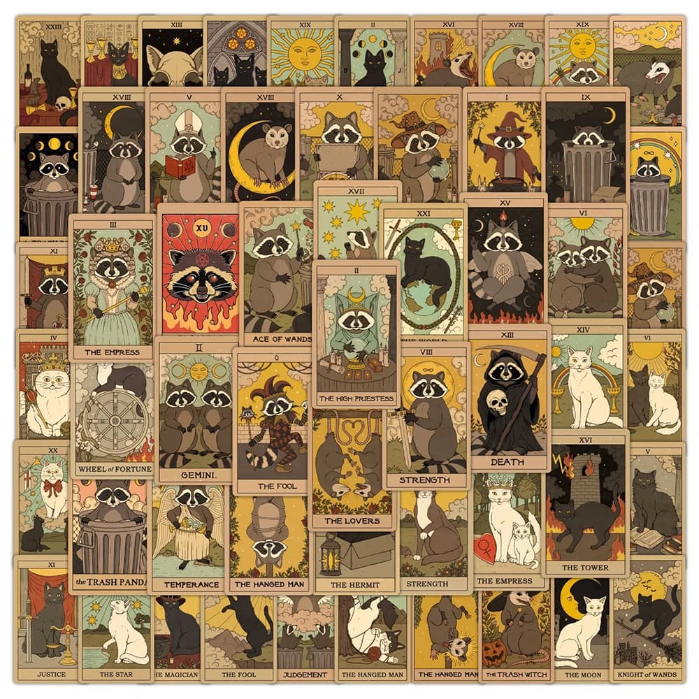 10/30/60pcs Misterioso Retro Gatto Procione Tarocchi Carta Adesivi Cartoon Gotico Estetico Adesivo FAI DA TE Laptop Skateboard Telefono Decalcomanie
