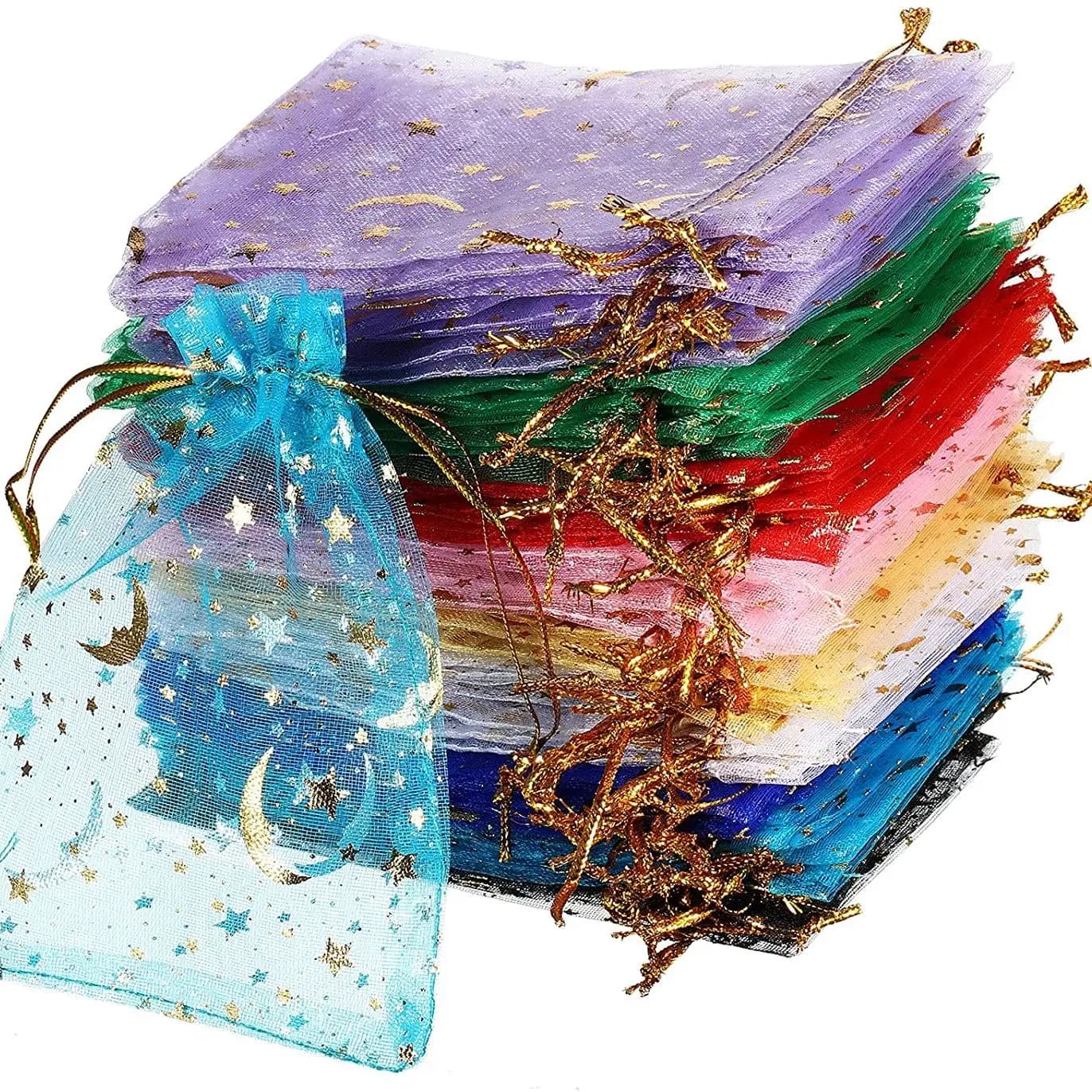 50 pz/lotto 7x9 9x12 11x16 13x18 cm Stampa Stella Luna Natale Organza Sacchetto Coulisse Fascino Sacchetti di Imballaggio Gioielli Quotidiani