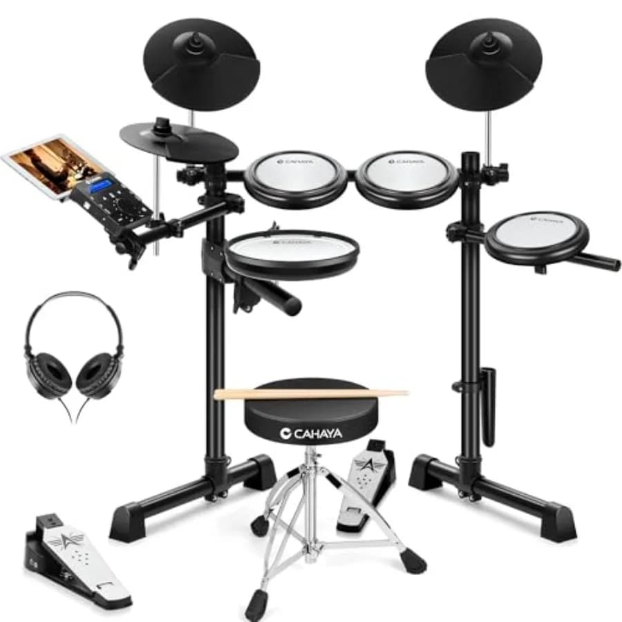 Batteria Elettronica Portatile con Pad in Mesh per Adulti, Design Silenzioso, 350 Suoni, 25 Kit, Include Cuffie e Sgabello, Ideale per Natale