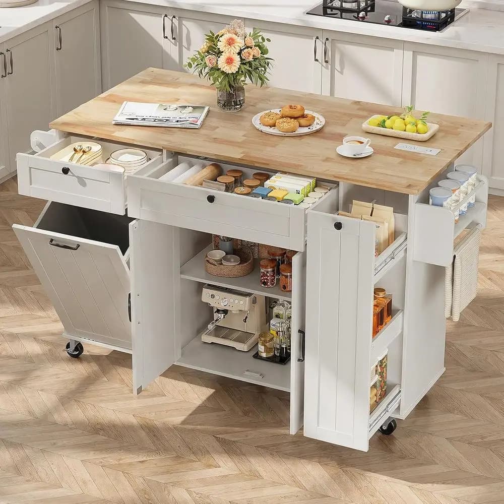 Isola da Cucina Bianca con Ruote, Contenitore per Rifiuti, Porta Spezie e Portasciugamani