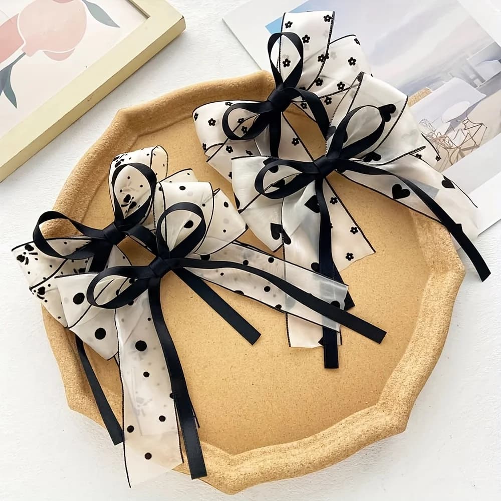 Set di fermagli per capelli da donna in raso con nastro lungo, 4 pezzi, fermaglio per capelli con fiocco stampato, superficie satinata, accessori per capelli alla moda ed eleganti