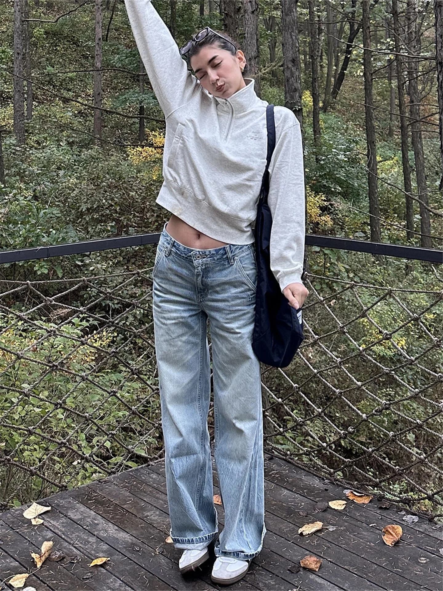 Jeans Blu a Vita Bassa e Gamba Larga da Donna, Design Fluido e Comodo, Taglio Dritto Lungo, Pantaloni Casual Primaverili in Cotone Naturale