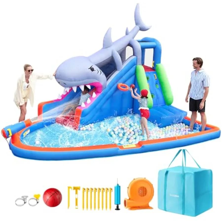 Parco Acquatico Gonfiabile 6-in-1 in PVC Blu per Giardino, con Piscina, Castello Gonfiabile, Canestro da Basket, Wa