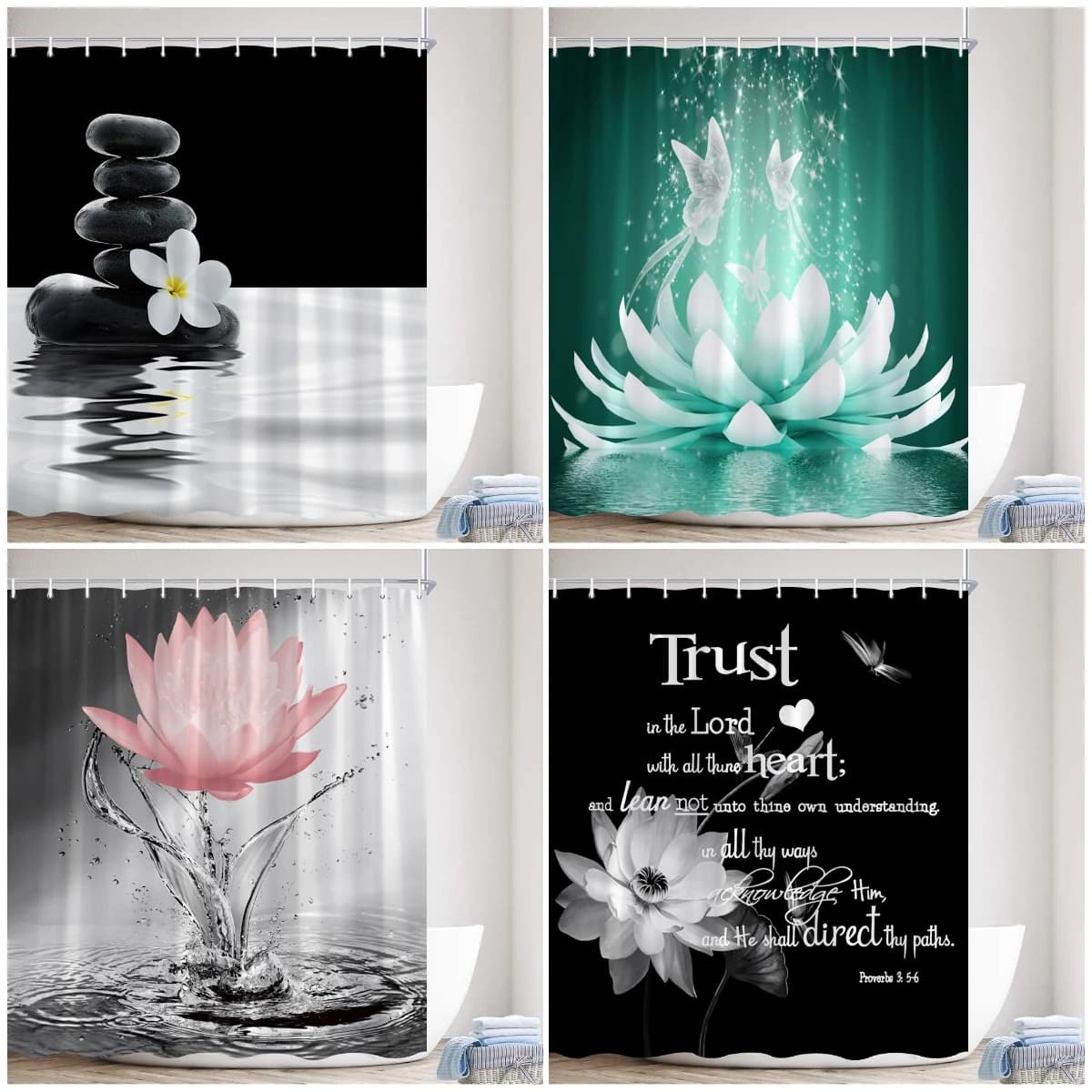 Tenda da doccia Zen Lotus Acqua Buddha Meditazione Gocce di pietra nera Farfalla Nero Bianco Decorazioni per il bagno Tenda da bagno in poliestere