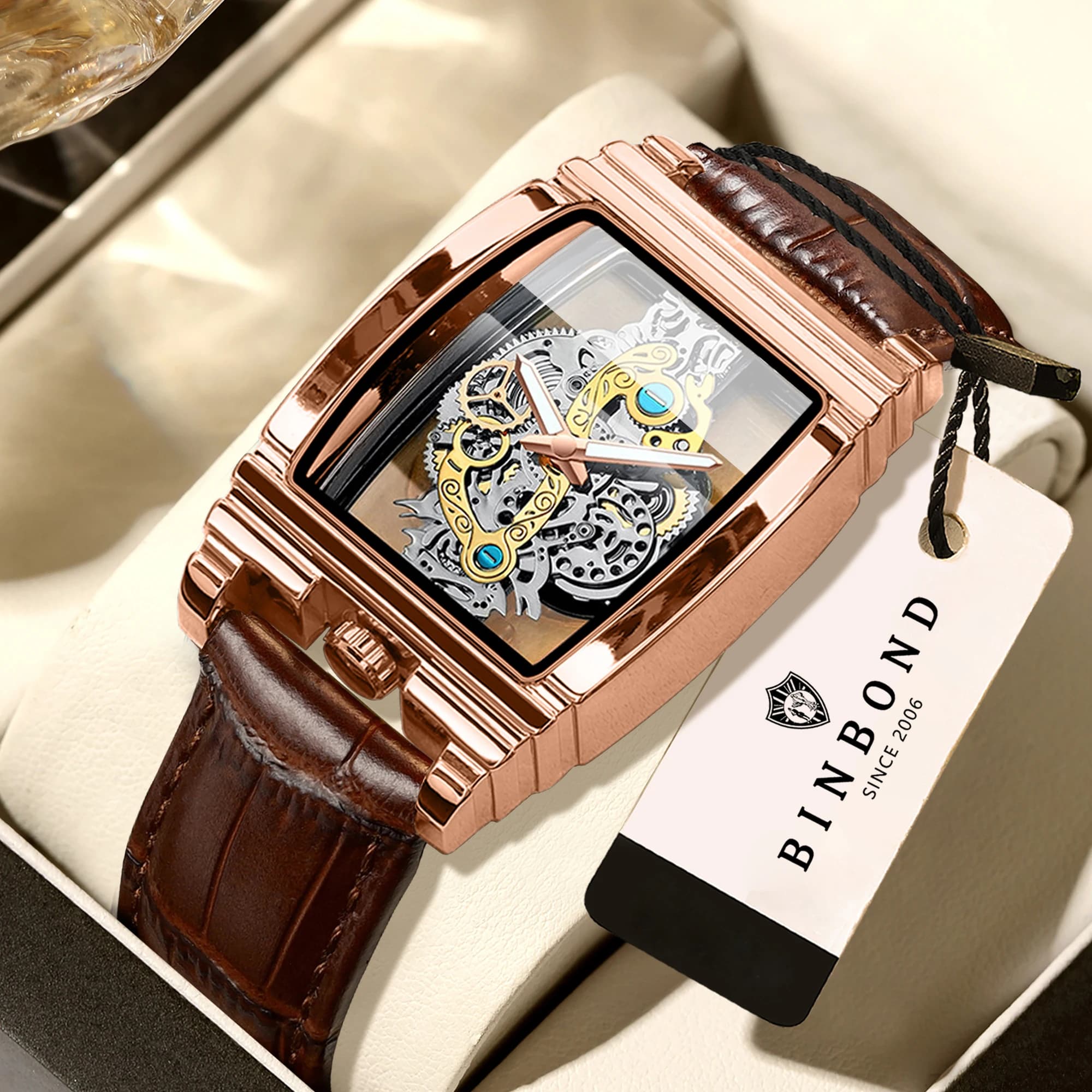 Orologi da polso al quarzo di lusso BINBOND per uomo, luminosi, impermeabili, con quadrante scheletrato, orologio da uomo per affari, sport, moda e tempo libero.