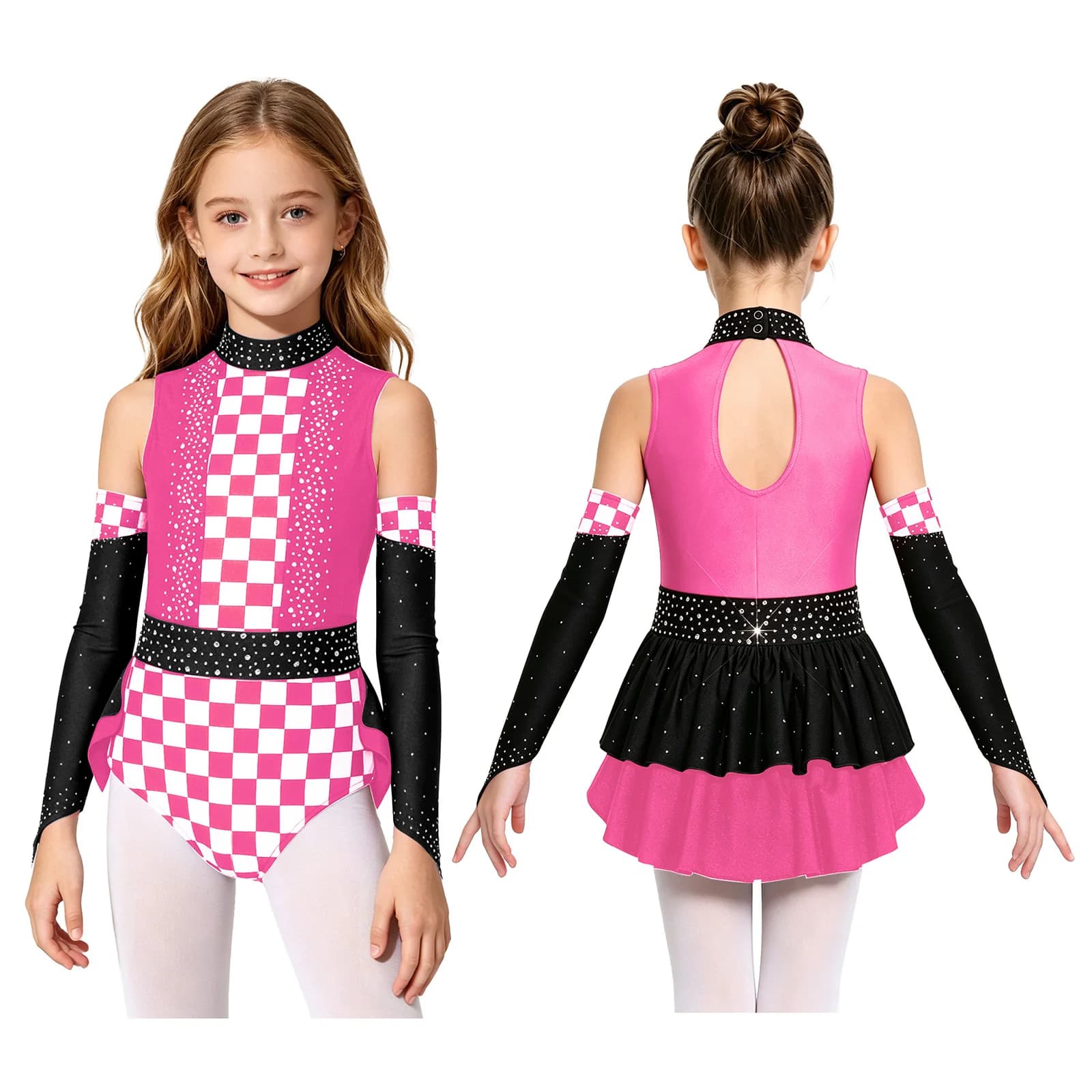 Costume da Pattinaggio Artistico per Ragazze, Senza Maniche, con Strass e Motivo a Quadri, Body da Danza e Ginnastica con Maniche per Halloween e Carnevale