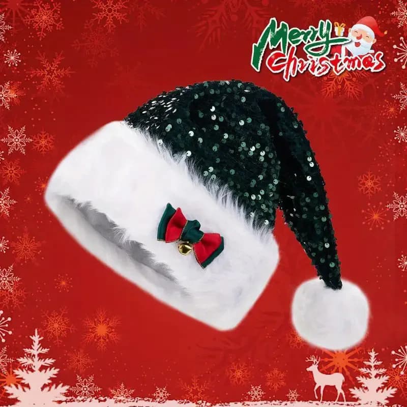 Cappello natalizio scintillante con fiocco rosso glitterato, lussuoso rivestimento in doppio pile, berretto da Babbo Natale in peluche extra spesso