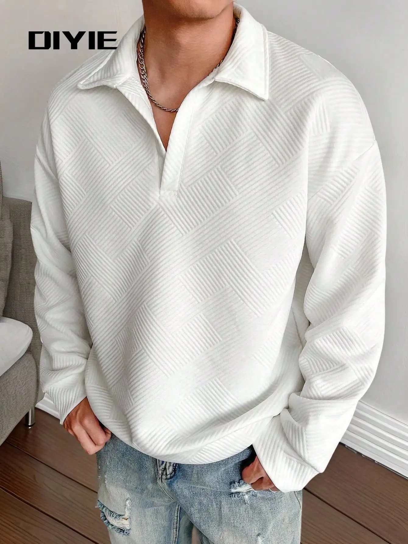 DIYIE Felpa da Uomo Casual con Collo a Polo, Tinta Unita, Testurizzata - Nuova Collezione Autunnale Minimalista Bianca