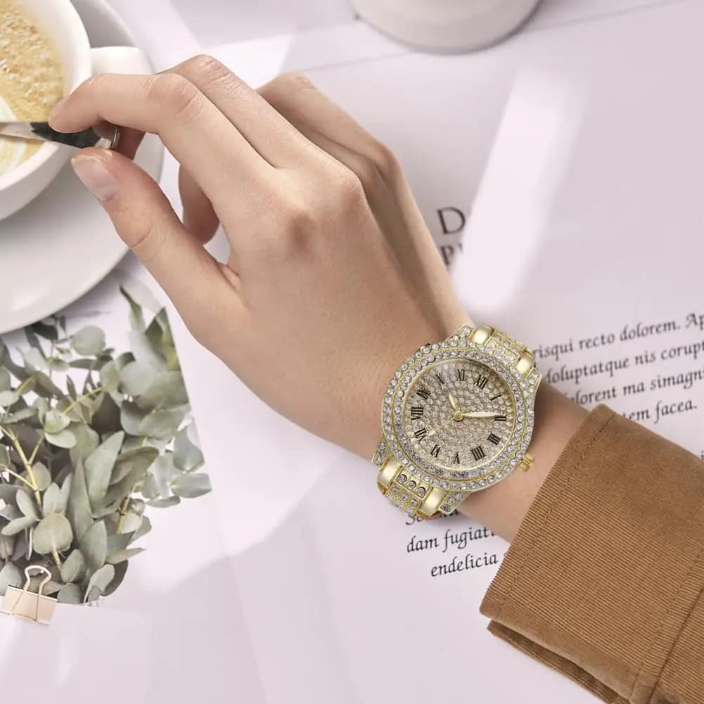 2 pcs/set quartz women's watch with rhinestone circular dial wrist watch with high precision movement with necklace bracelet earrings ring