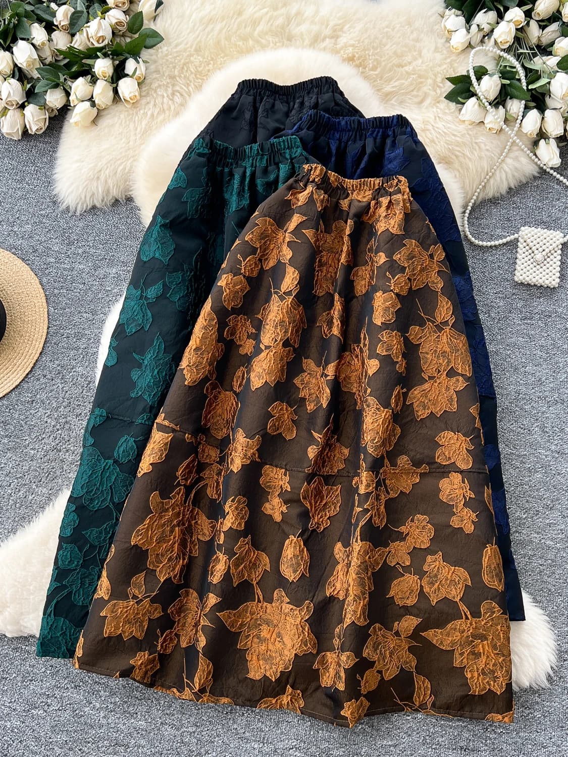 Gonna a vita alta midi da donna, alla moda, con ricami elaborati, effetto snellente, plissettata a trapezio, stile coreano, per il commuting, in fibra di poliestere