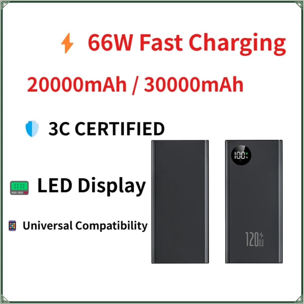20000mAh 30000mAh Power Bank 3C Certified Fast Charging LED Display High Capacity External Battery for iPhone Samsung Xiaomi