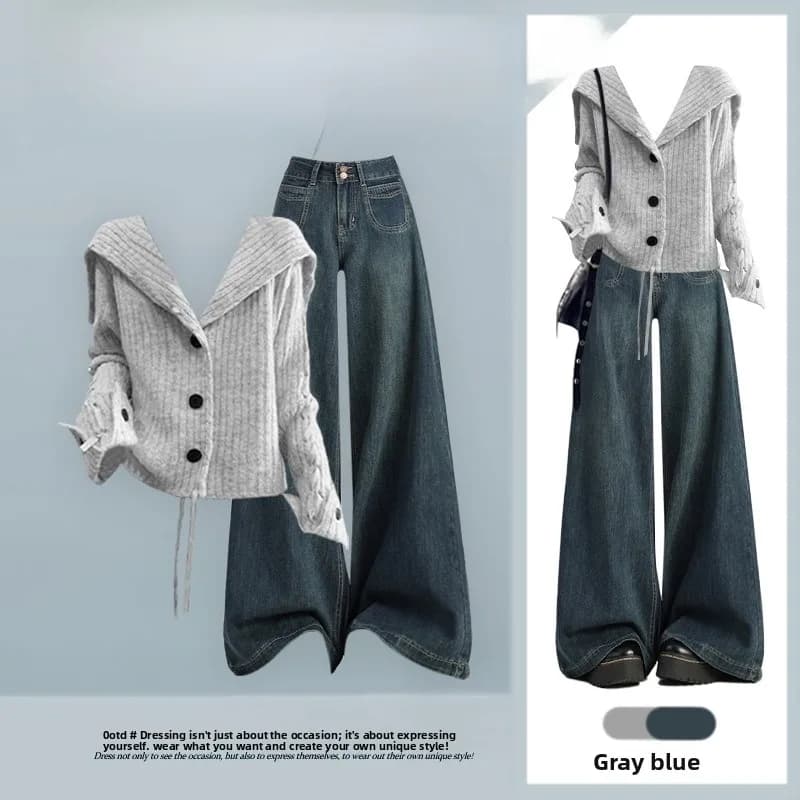 Set due pezzi composto da maglione lavorato a maglia da donna e jeans a gamba dritta, stile preppy autunnale, giovanile e delicato, moda coreana.