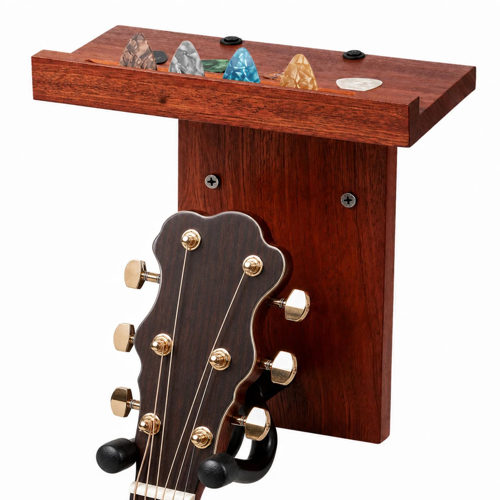 Guitar Wall Mount Hanger Wooden Universal Guitar Hanger with Built In Storage Shelf and Pick Holder for All Size Guitars Bass