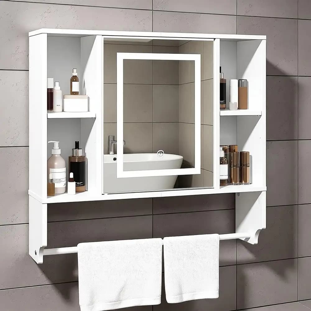 Armadietto da Bagno a Muro con Specchio, Armadietto Portamedicinali da Parete, Mobiletto Specchiato Sopra il WC, Ripiani Regolabili, 23.6
