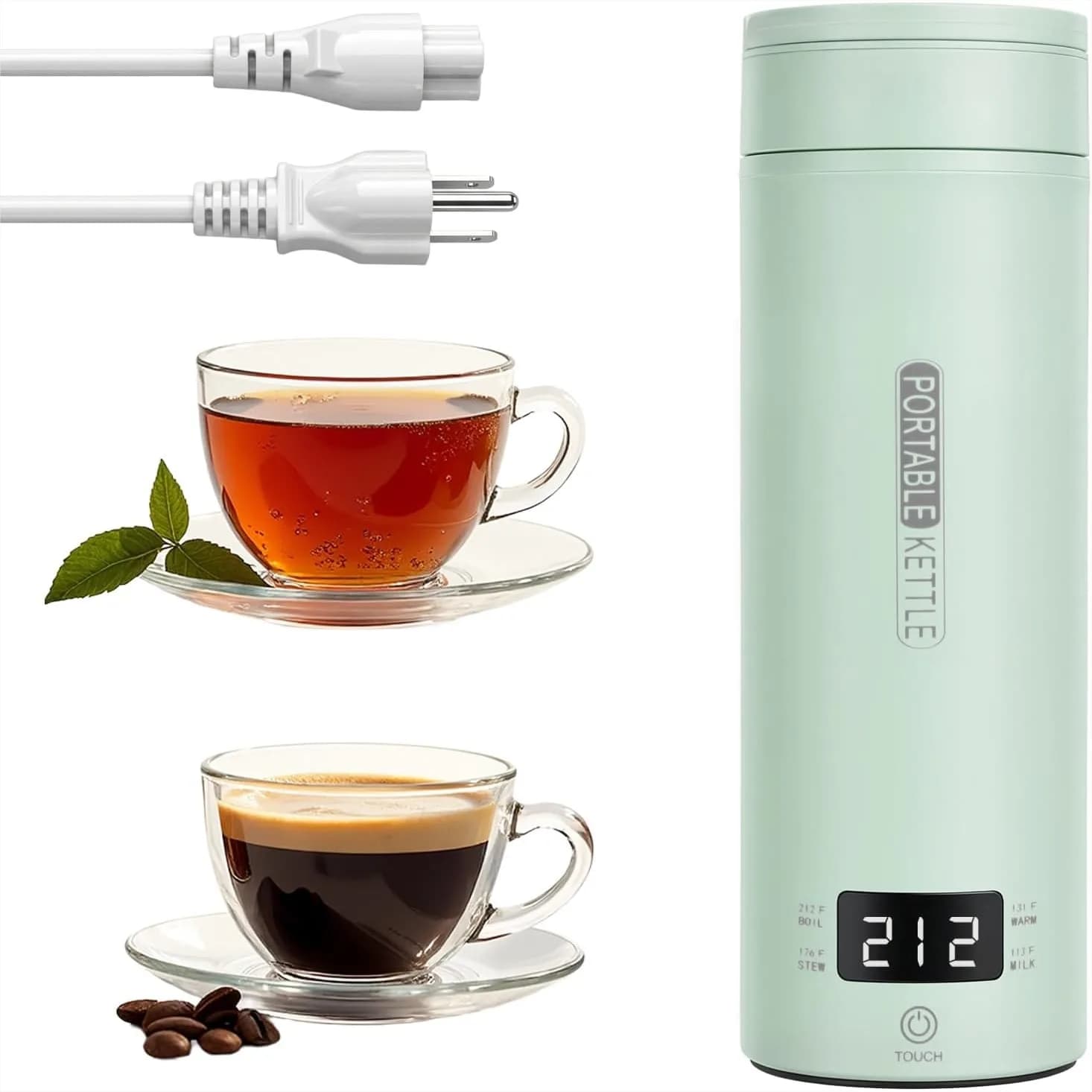 Bollitore Elettrico Portatile da Viaggio, 15oz con Controllo Temperatura NTC e Spegnimento Automatico, Acciaio Inossidabile 316, Verde